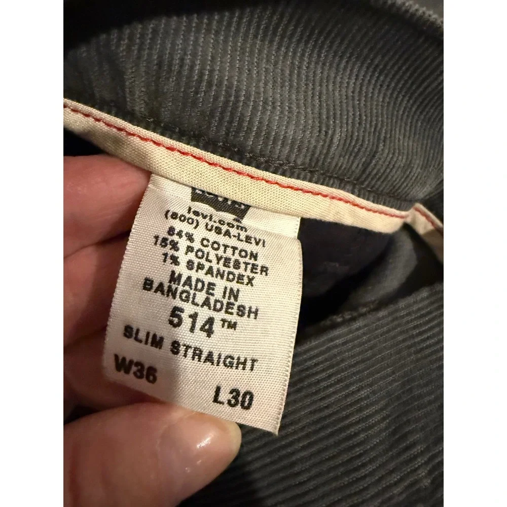 Levis 514 Slim Straight Corduroy Pants Mens 36x30 Charcoal Gray Cotton Blend